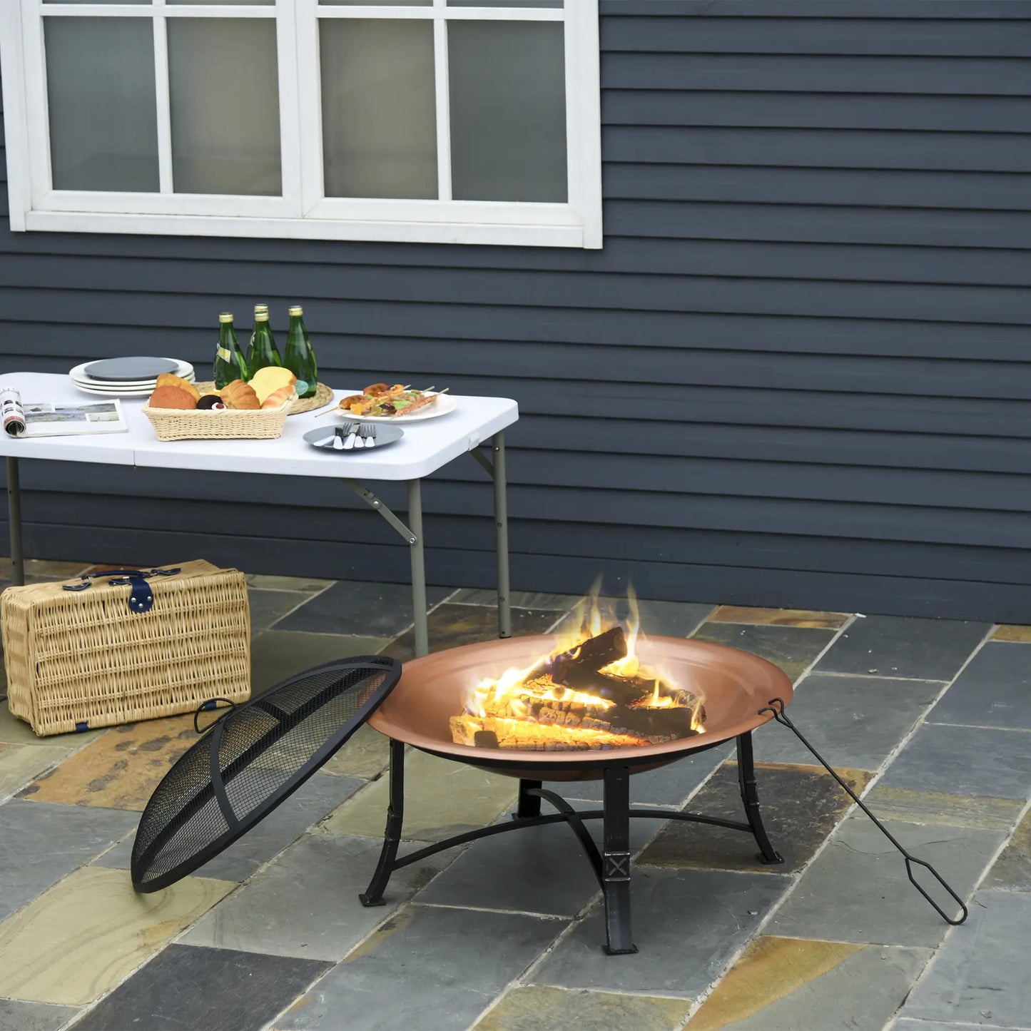 30" Outdoor Fire Pit Bowl, Round Fire Pit with Lid, Log Grate, Poker for Backyard, Camping, Picnic, Bronze