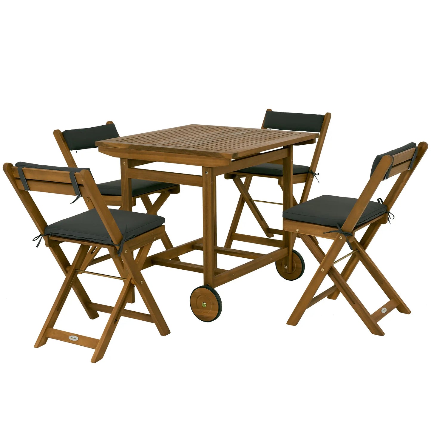 5 Pieces Wood Patio Dining Set, Wheeled Patio Table and Folding Chairs with Cushions for Garden Backyard Poolside, Teak