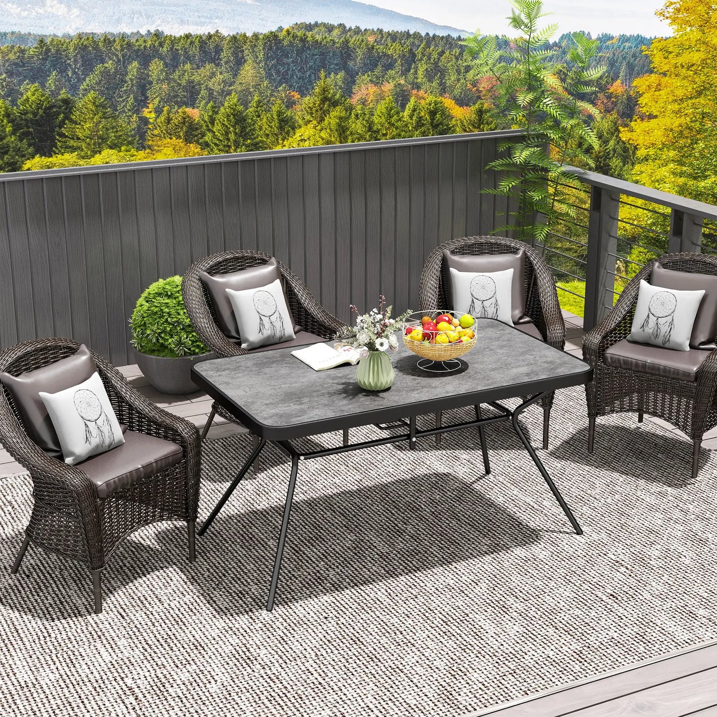 Rectangle Outdoor Dining Table for 6, with 1.7" Umbrella Hole, Easy Clean DPC Plastic Tabletop, 55" x 31.5" x 28"