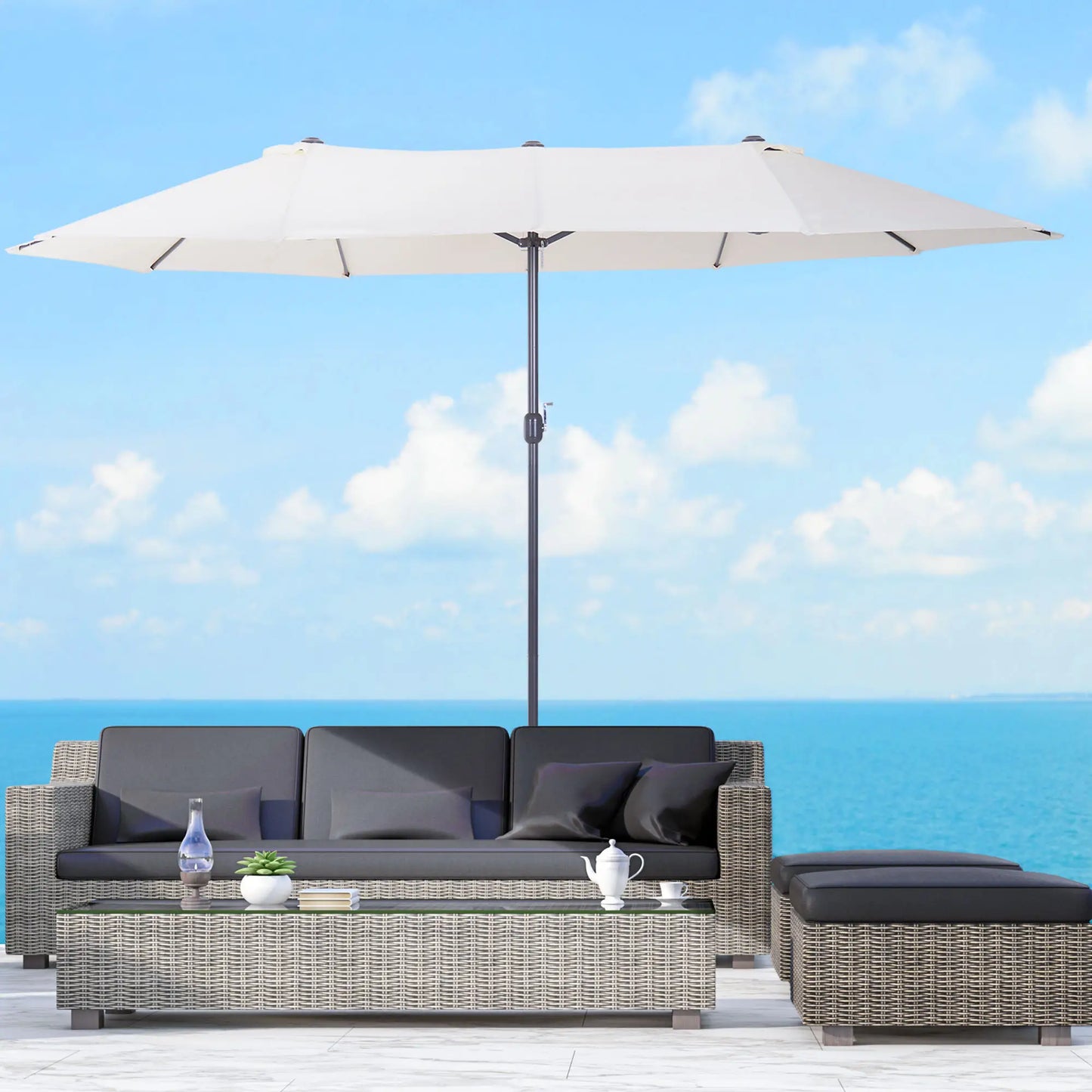 15' Outdoor Patio Umbrella with Twin Canopy Sunshade Steel Table Umbrella with Lift Crank ,Stand is EXCLUDED, Beige
