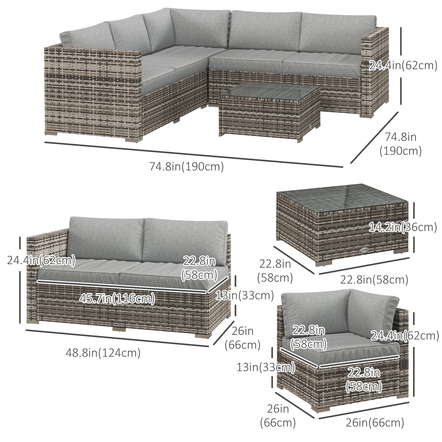 4 Pieces Rattan Wicker Outdoor Conversation Furniture Set w/ Corner Sofa Loveseats Coffee Table Cushions, Mixed Grey