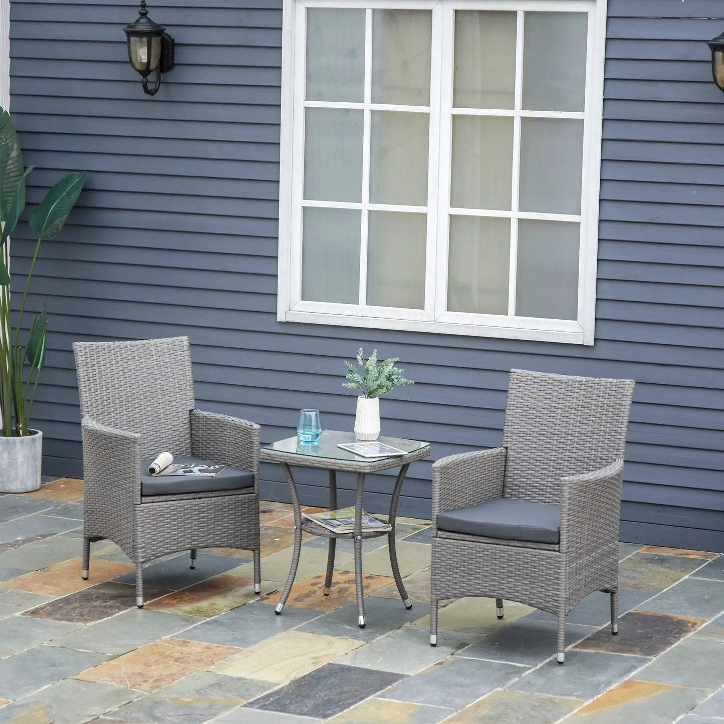 3 Pieces Wicker Patio Furniture Set, Rattan Bistro Set with Glass Top Coffee Table and Cushions, Outdoor Conversation Set for Garden, Porch, Balcony, Grey