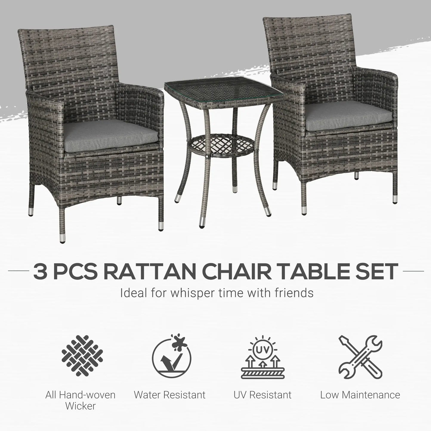 3-Piece Wicker Patio Furniture Set, Rattan Bistro Set with Glass Top Table and Cushions, Outdoor Conversation Set for Garden, Porch, Balcony, Mixed Grey