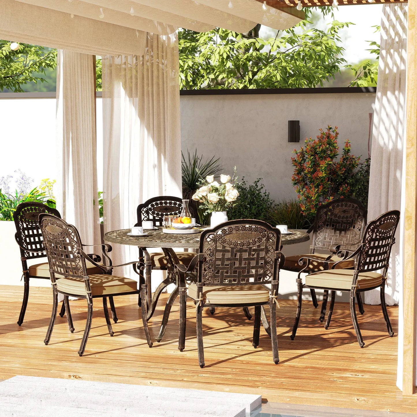 Outdoor Dining Set for 6, Aluminum Patio Table and Chairs Furniture Set with Umbrella Hole, Cushions, Bronze