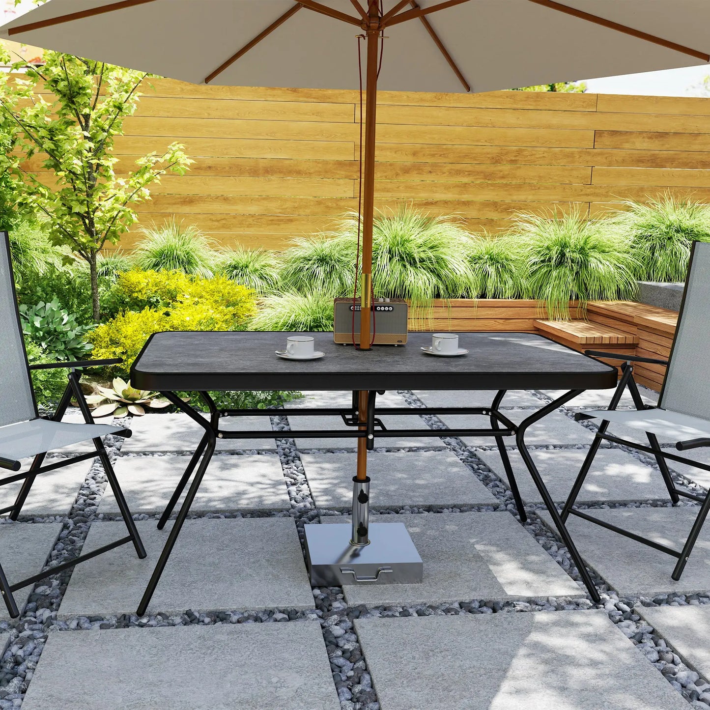 Rectangle Outdoor Dining Table for 6, with 1.7" Umbrella Hole, Easy Clean DPC Plastic Tabletop, 55" x 31.5" x 28"