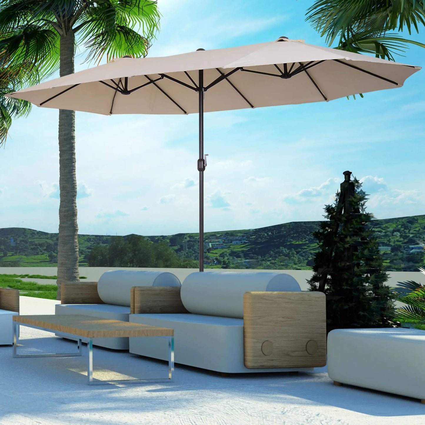 15' Outdoor Patio Umbrella with Twin Canopy Sunshade Steel Table Umbrella with Lift Crank ,Stand is EXCLUDED, Beige