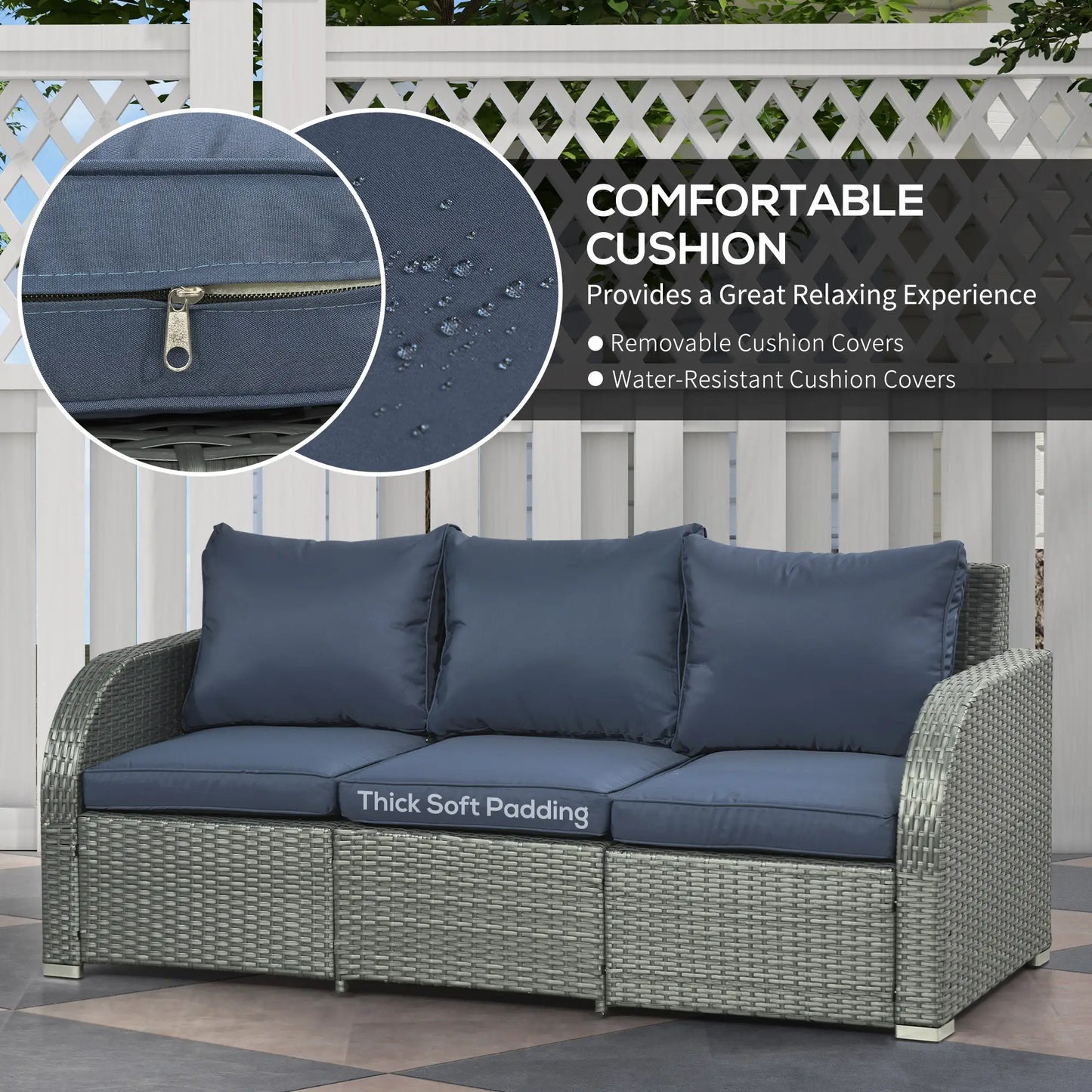 Patio Furniture with Cushions, 6 Pieces PE Wicker Patio Sectional Furniture Conversation Set w/ a Three-Seat Sofa, 2 Recliner Chairs, 2 Footstools & Table, Dark Blue