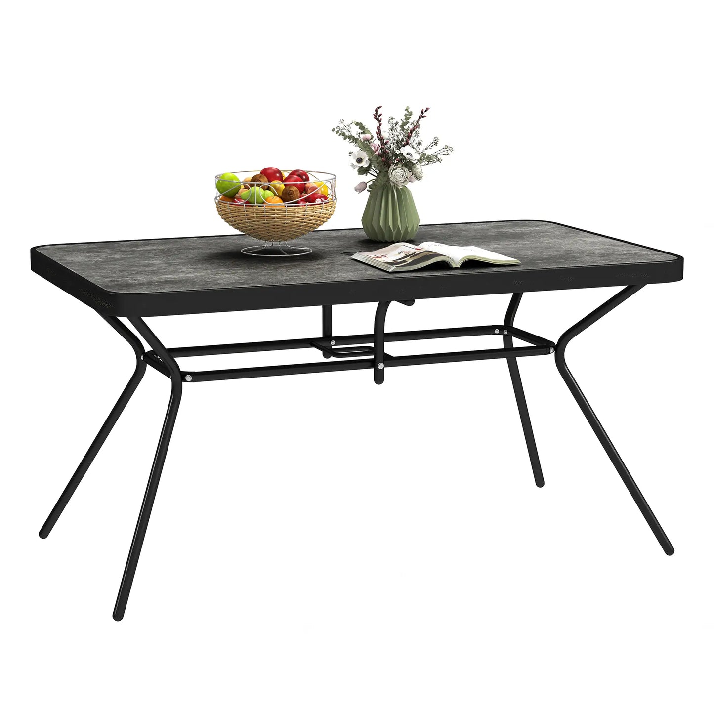 Rectangle Outdoor Dining Table for 6, with 1.7" Umbrella Hole, Easy Clean DPC Plastic Tabletop, 55" x 31.5" x 28"