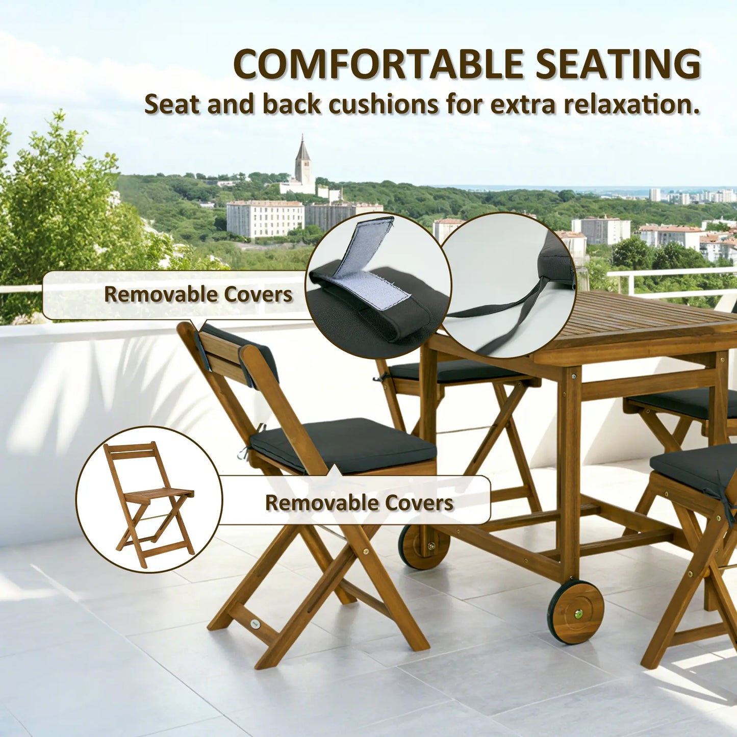 5 Pieces Wood Patio Dining Set, Wheeled Patio Table and Folding Chairs with Cushions for Garden Backyard Poolside, Teak