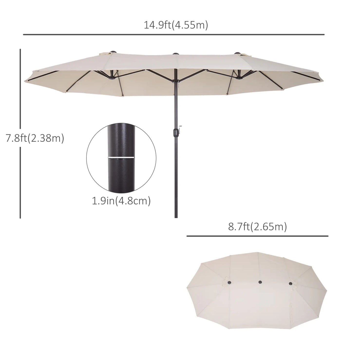 15' Outdoor Patio Umbrella with Twin Canopy Sunshade Steel Table Umbrella with Lift Crank ,Stand is EXCLUDED, Beige