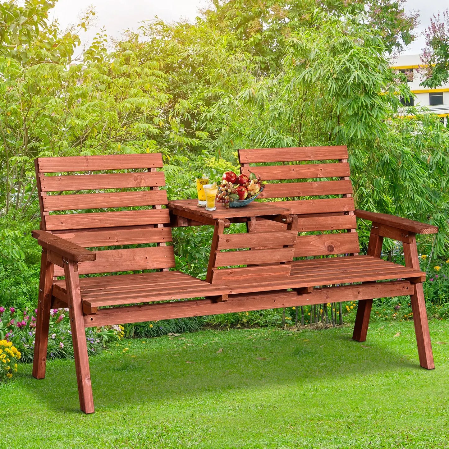 3-Seater Outdoor Bench with Convertible Middle Table, Garden Wooden Patio Loveseat with Middle Table for 2 Persons w/ Slatted Seat and Backrest, Armrests, Orange