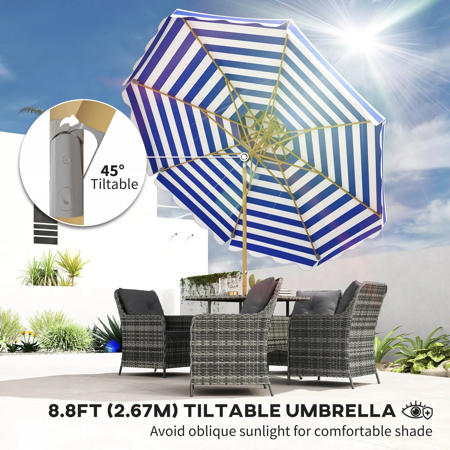 9FT Patio Umbrella with 8 Ribs, Crank, Tilt, UPF 50+, 2-Tier Vent for Garden, Deck, Poolside, Blue