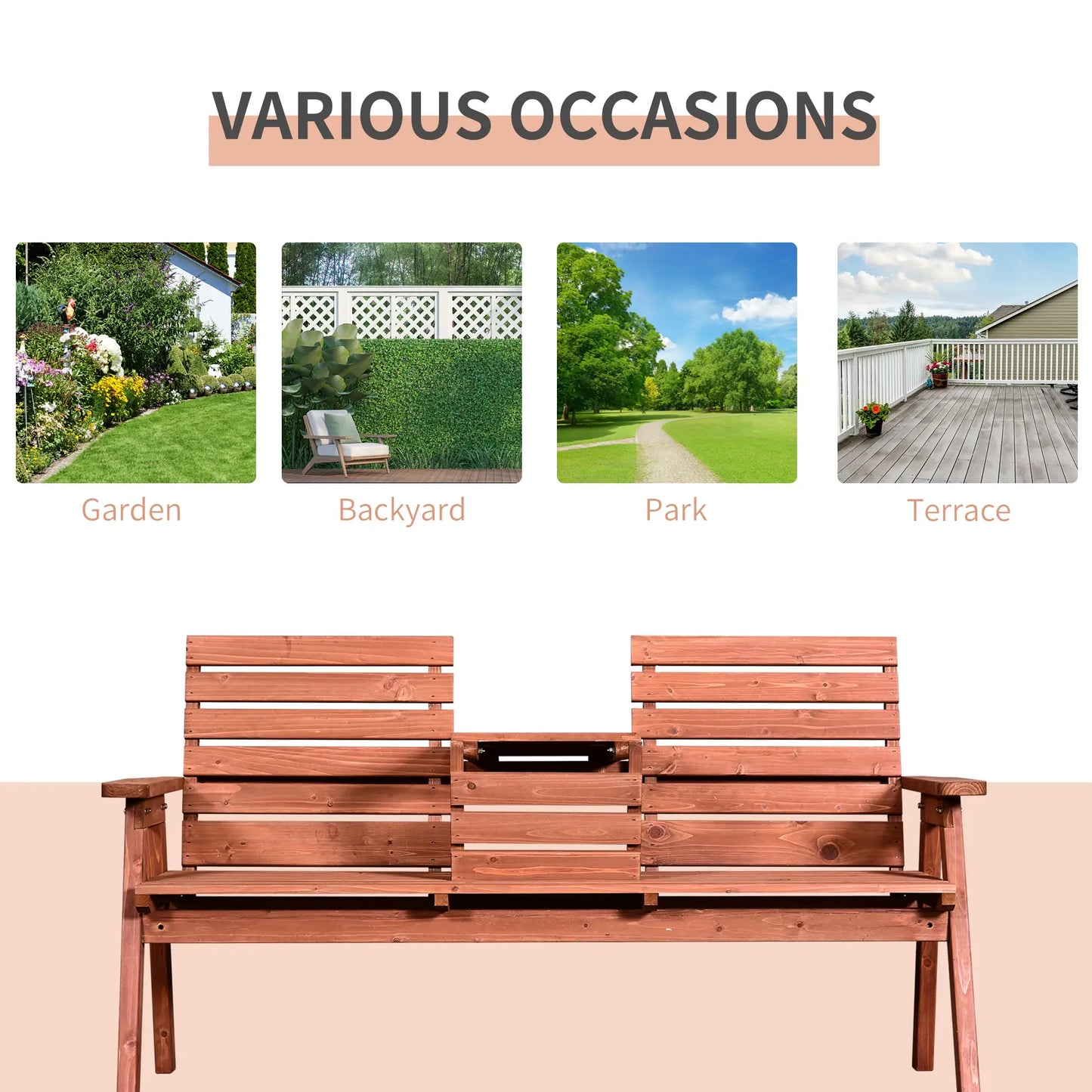 3-Seater Outdoor Bench with Convertible Middle Table, Garden Wooden Patio Loveseat with Middle Table for 2 Persons w/ Slatted Seat and Backrest, Armrests, Orange