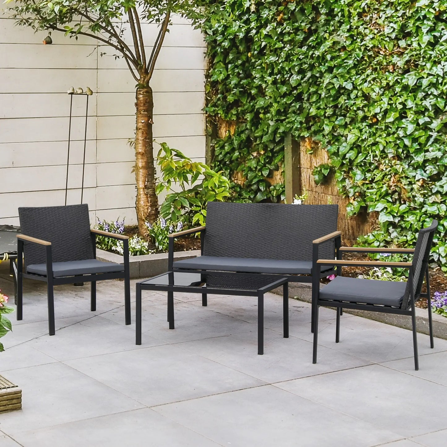 4 Pieces Wicker Patio Furniture Set with Cushions, Outdoor Rattan PE Rattan Conversation Set, Chairs and Loveseat with PS Board Armrests Decoration, Glass Top Table, Black