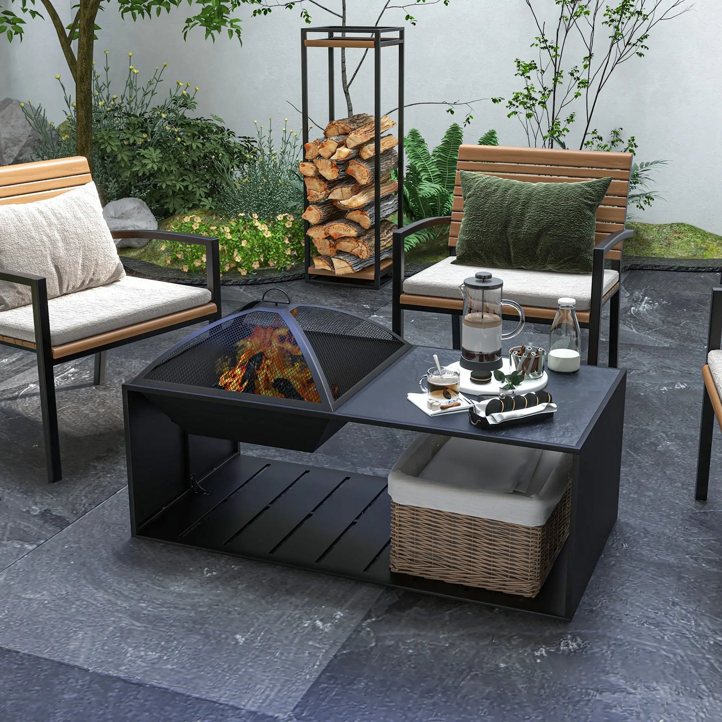 Fire Pit Coffee Table with Storage Shelf, Wood-burning Firepit with Spark Screen and Poker, Black