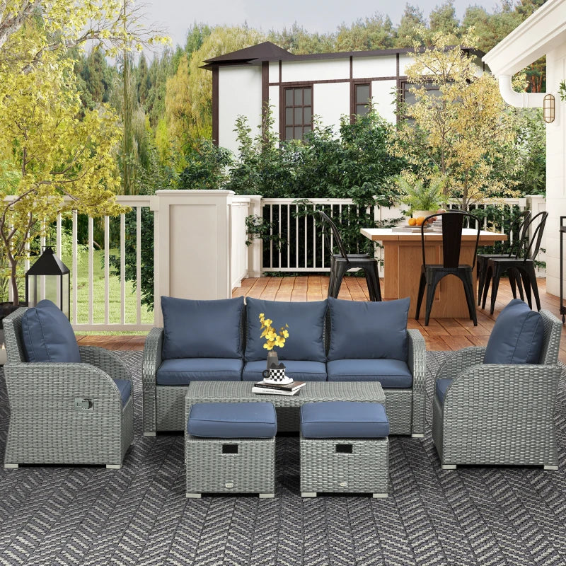 Patio Furniture with Cushions, 6 Pieces PE Wicker Patio Sectional Furniture Conversation Set w/ a Three-Seat Sofa, 2 Recliner Chairs, 2 Footstools & Table, Dark Blue