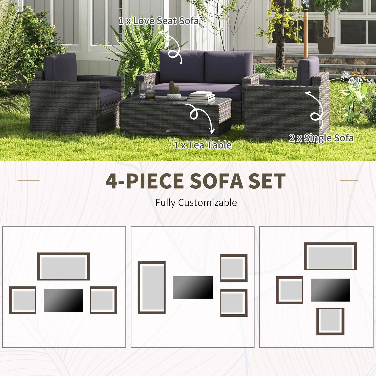 Outdoor Furniture with Table, Wicker Furniture with Loveseat and 2 Chair for Garden, Poolside, Grey