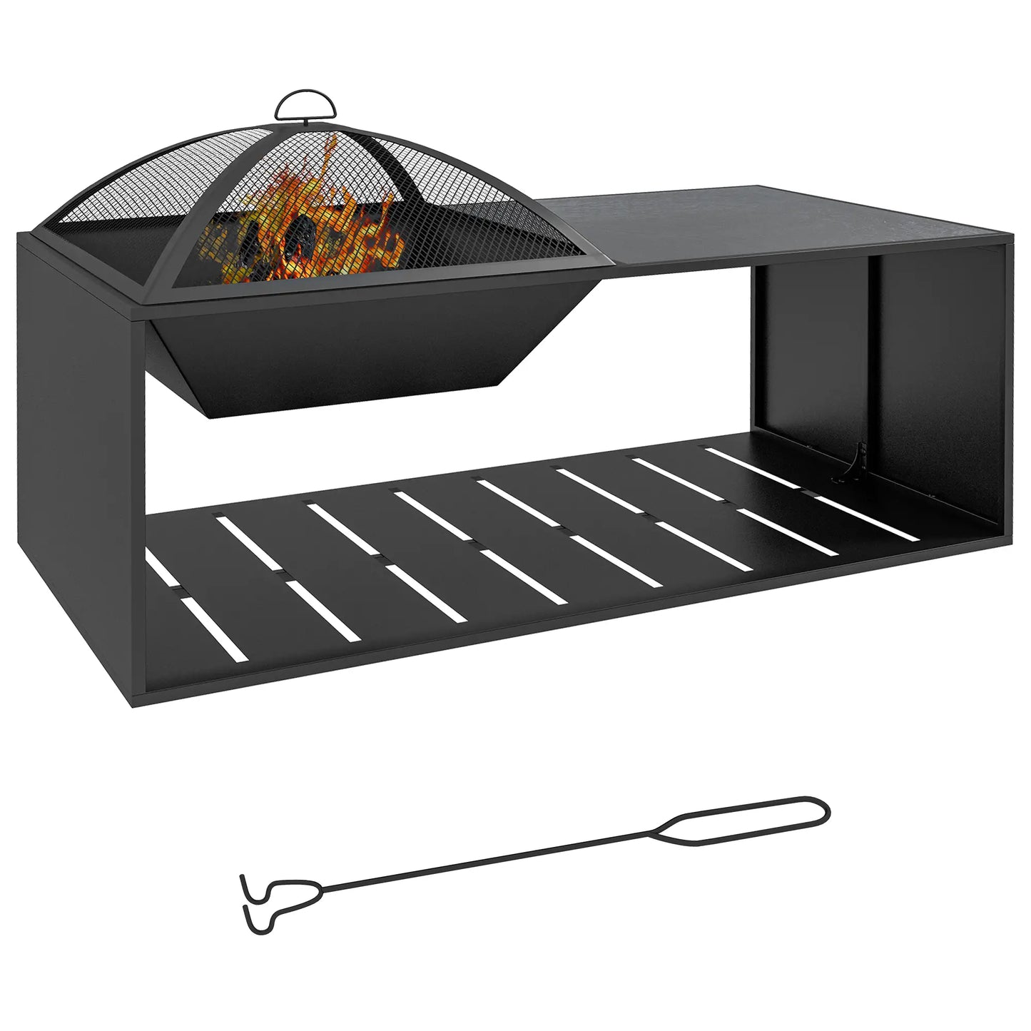 Fire Pit Coffee Table with Storage Shelf, Wood-burning Firepit with Spark Screen and Poker, Black