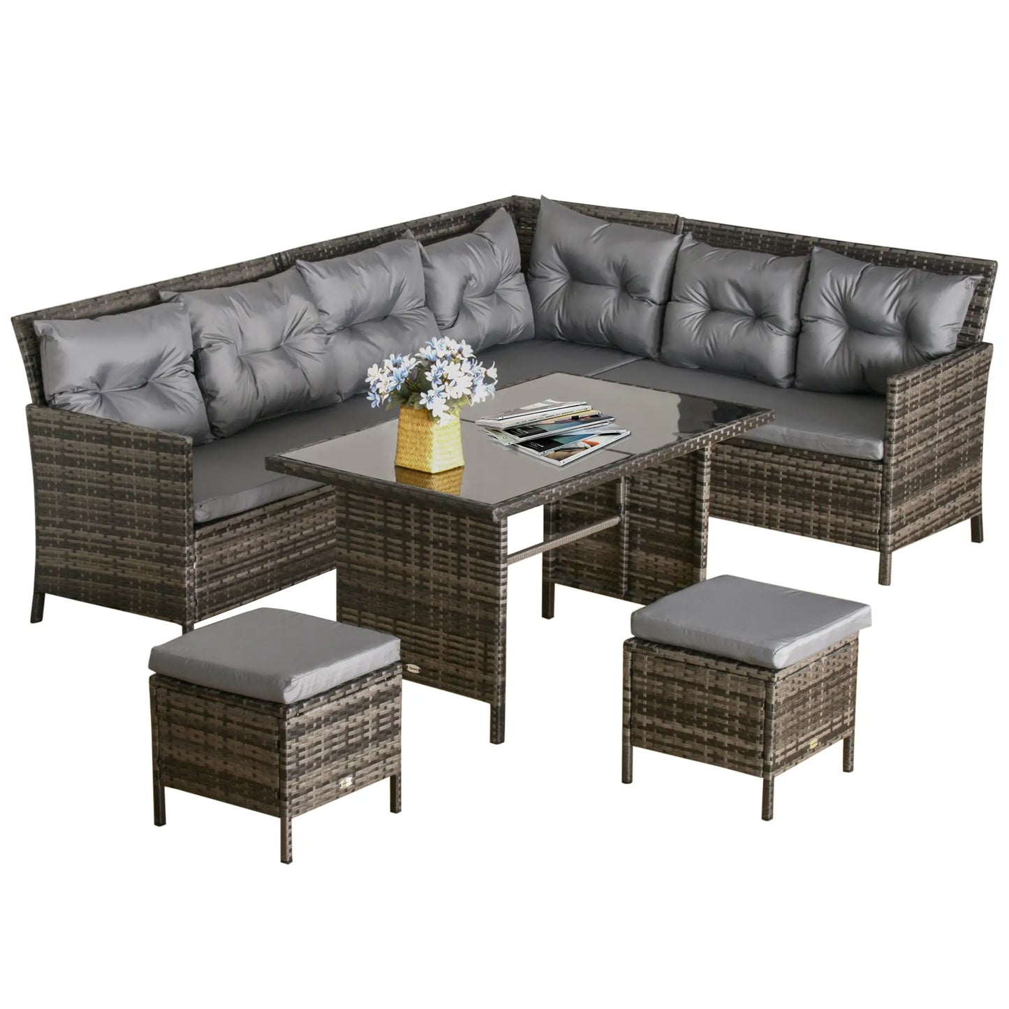 6pcs Outdoor Rattan Sofa Set Garden Wicker Sectional Couch Furniture Set with Dining Table and Chair Dark Grey