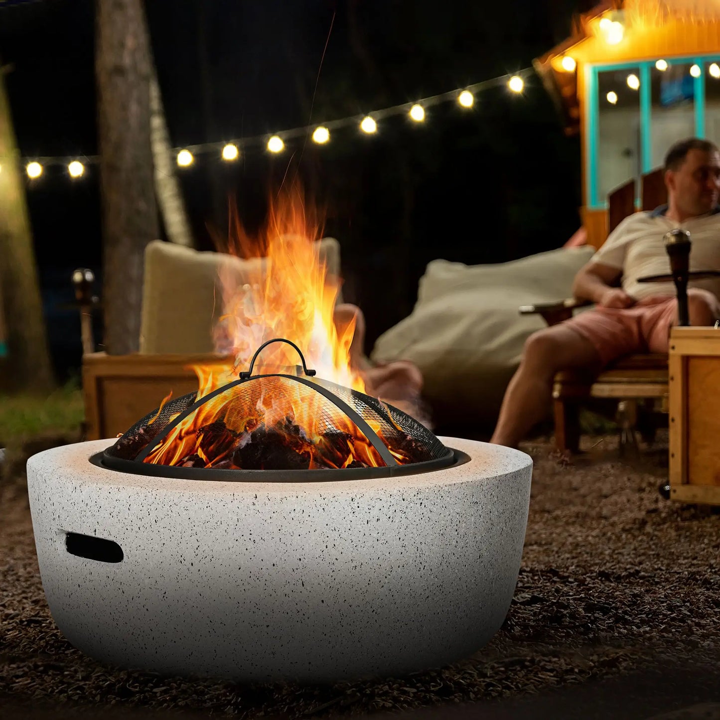 24" Outdoor Fire Pit with Stone Effect, Wood-burning Firepit Fireplace with Spark Screen and Poker for Backyard Camping Bonfire, Gray