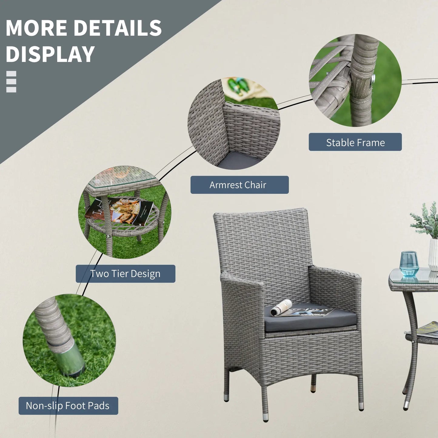 3 Pieces Wicker Patio Furniture Set, Rattan Bistro Set with Glass Top Coffee Table and Cushions, Outdoor Conversation Set for Garden, Porch, Balcony, Grey