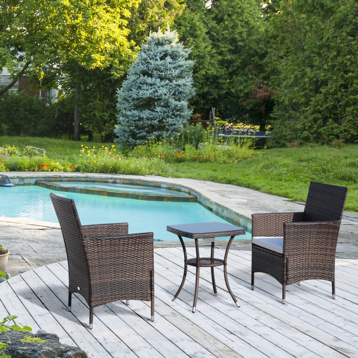 3-Piece Wicker Patio Furniture Set, Rattan Bistro Set with Glass Top Table and Cushions, Outdoor Conversation Set for Garden, Porch, or Balcony.