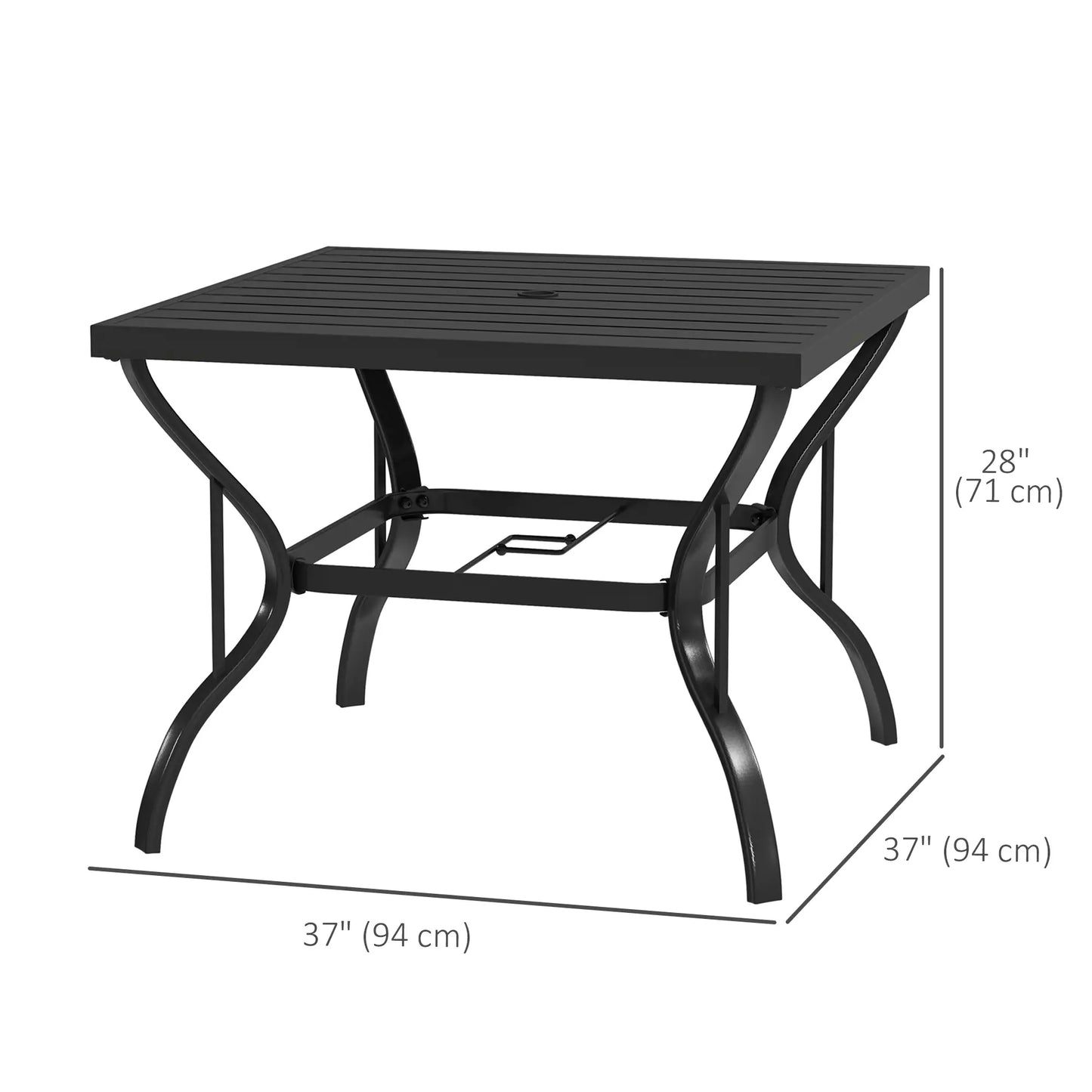 37" Square Outdoor Dining Table, Galvanized Steel Patio Table with 2" Umbrella Hole, Slatted Metal Top, Black
