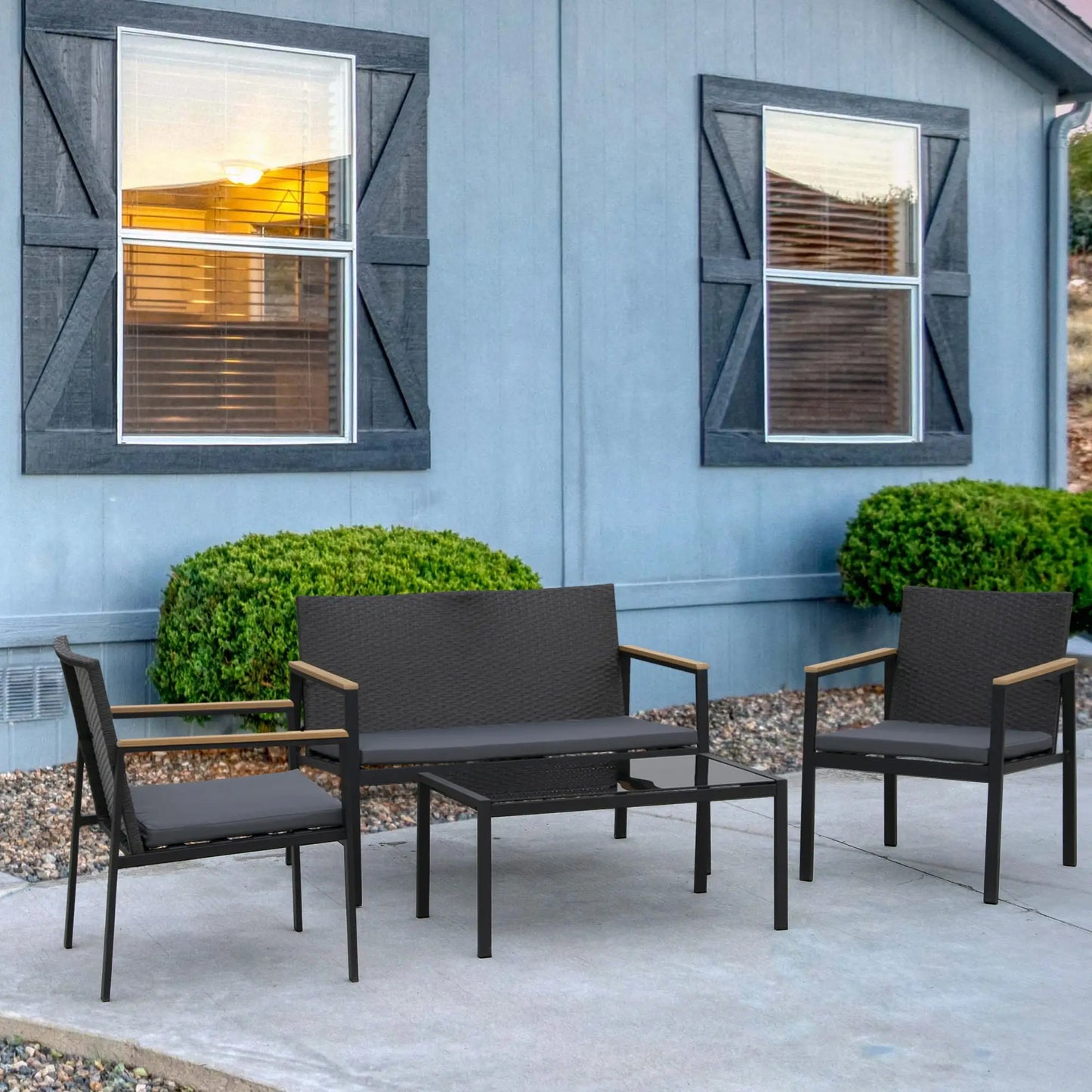 4 Pieces Wicker Patio Furniture Set with Cushions, Outdoor Rattan PE Rattan Conversation Set, Chairs and Loveseat with PS Board Armrests Decoration, Glass Top Table, Black