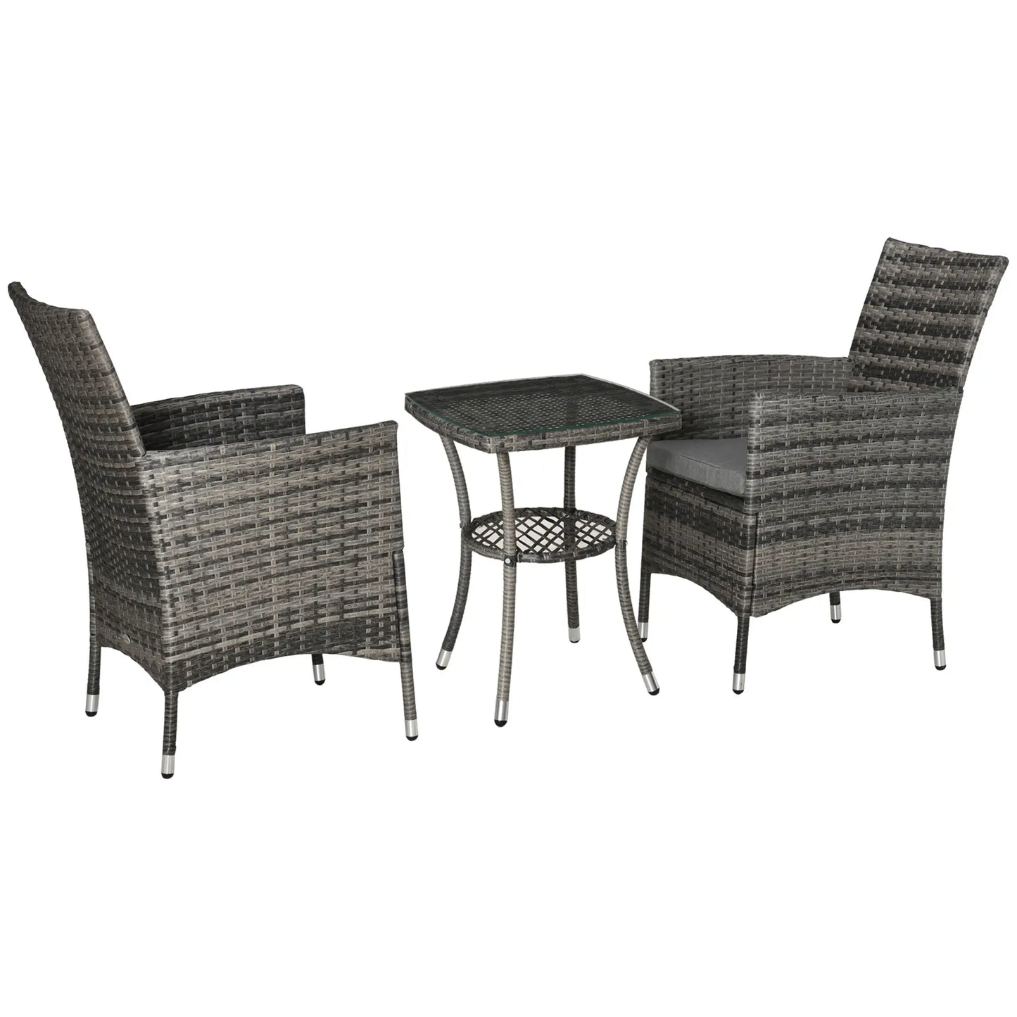 3-Piece Wicker Patio Furniture Set, Rattan Bistro Set with Glass Top Table and Cushions, Outdoor Conversation Set for Garden, Porch, Balcony, Mixed Grey
