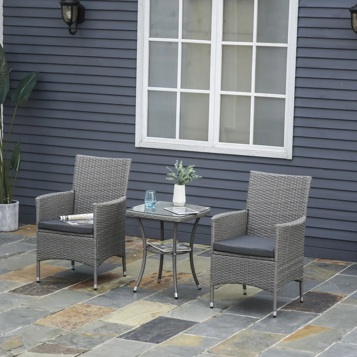 3 Pieces Wicker Patio Furniture Set, Rattan Bistro Set with Glass Top Coffee Table and Cushions, Outdoor Conversation Set for Garden, Porch, Balcony, Grey