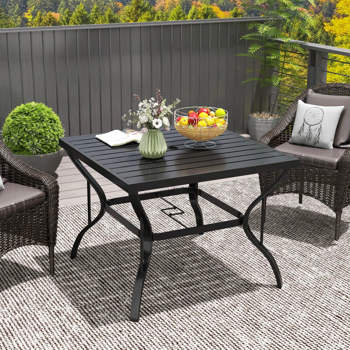 37" Square Outdoor Dining Table, Galvanized Steel Patio Table with 2" Umbrella Hole, Slatted Metal Top, Black