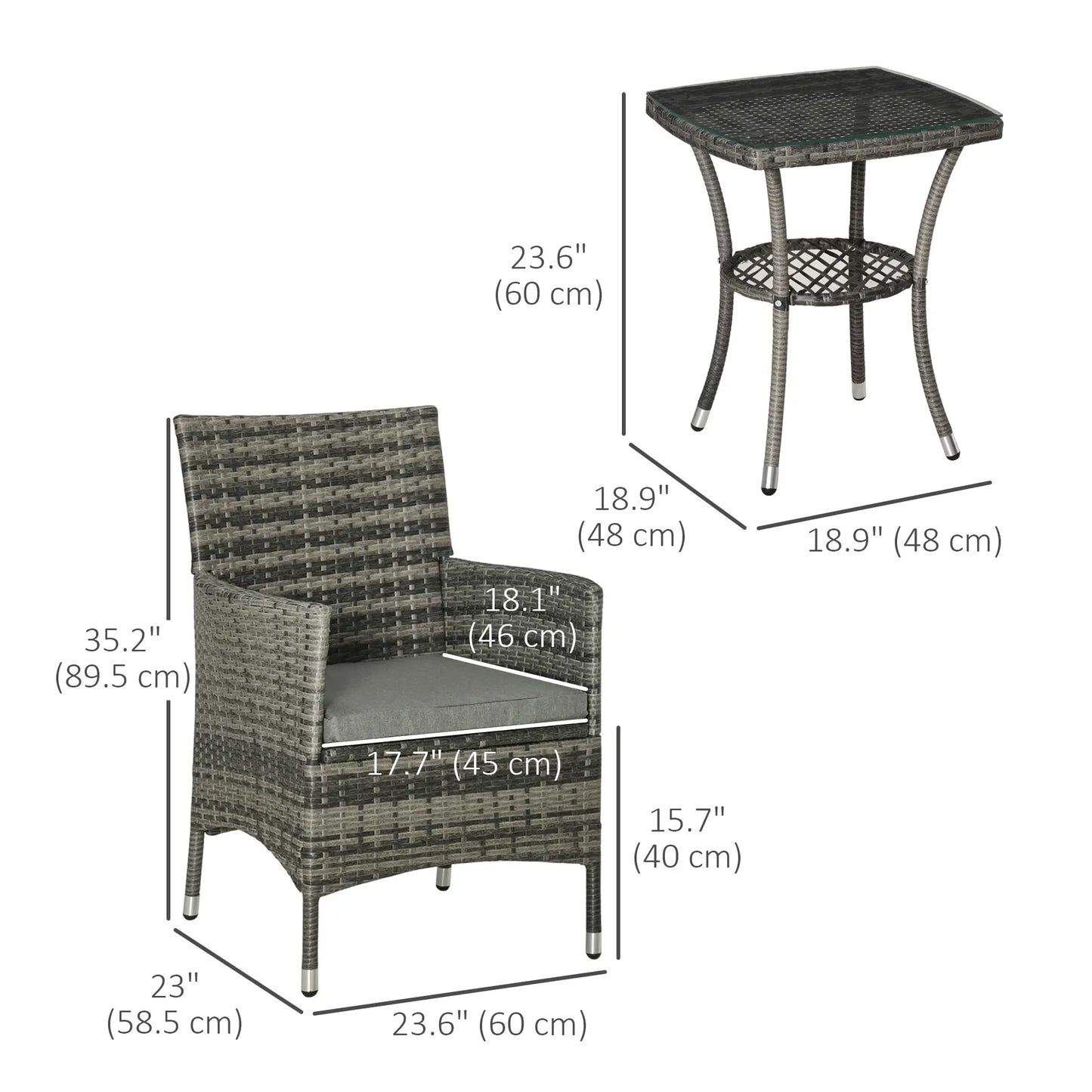 3-Piece Wicker Patio Furniture Set, Rattan Bistro Set with Glass Top Table and Cushions, Outdoor Conversation Set for Garden, Porch, Balcony, Mixed Grey