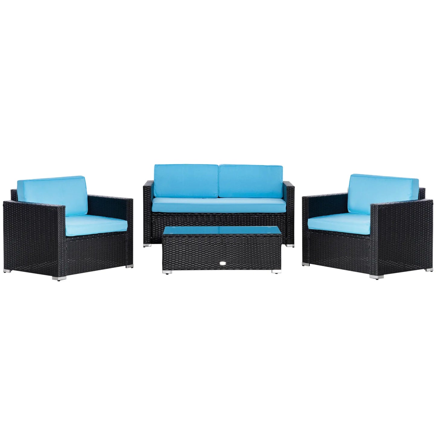 4 Pieces Wicker Patio Furniture Set with Thick Cushions, Outdoor PE Rattan Conversation Sofa Set with Glass Top Table & Extra Wide Seat, Sky Blue