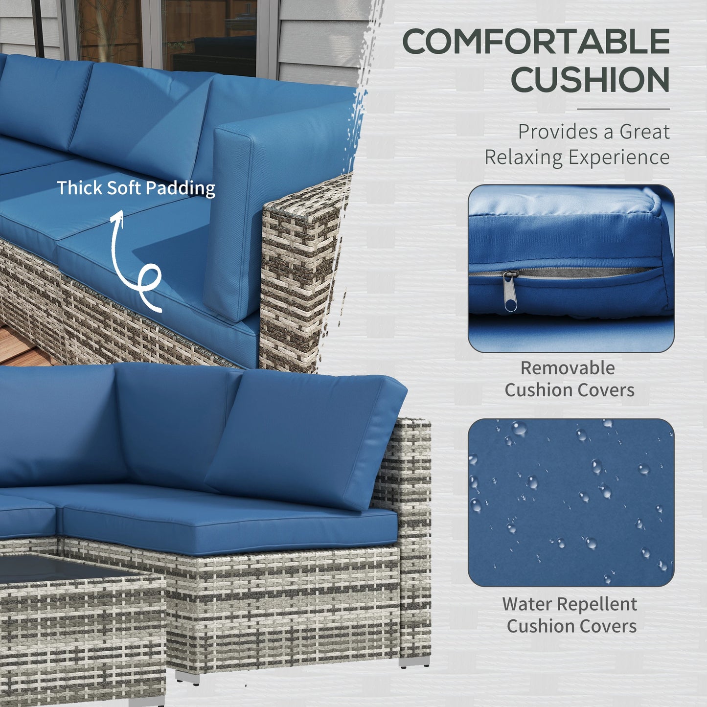 7pc Garden Wicker Sectional Set w/ Tea Table Patio Rattan Lounge Sofa Outdoor Deck Furniture Blue