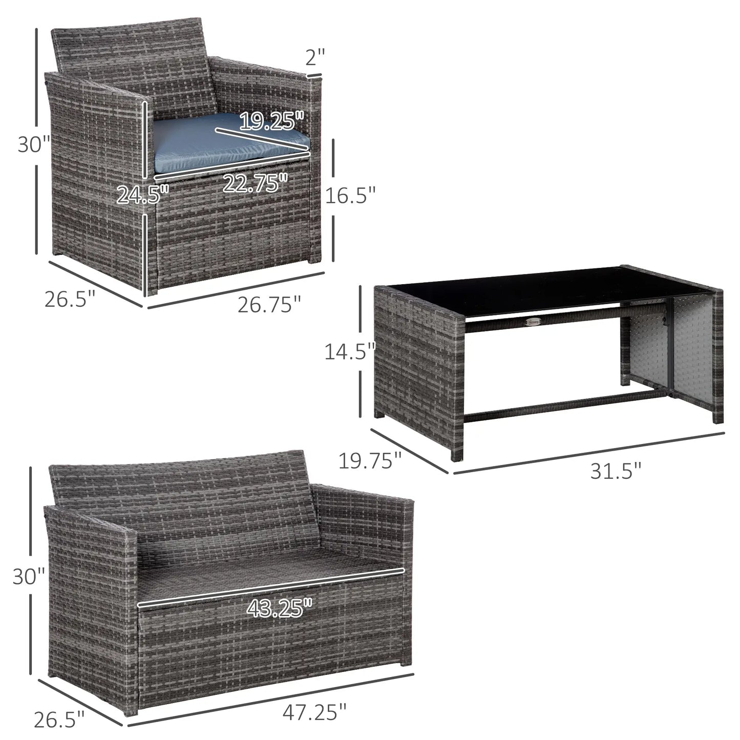 4 Pieces Patio Furniture Set with Cushions, Outdoor PE Rattan Wicker Conversation Garden Sofa Set with 2-Seater Chairs & Glass Coffee Table, Grey