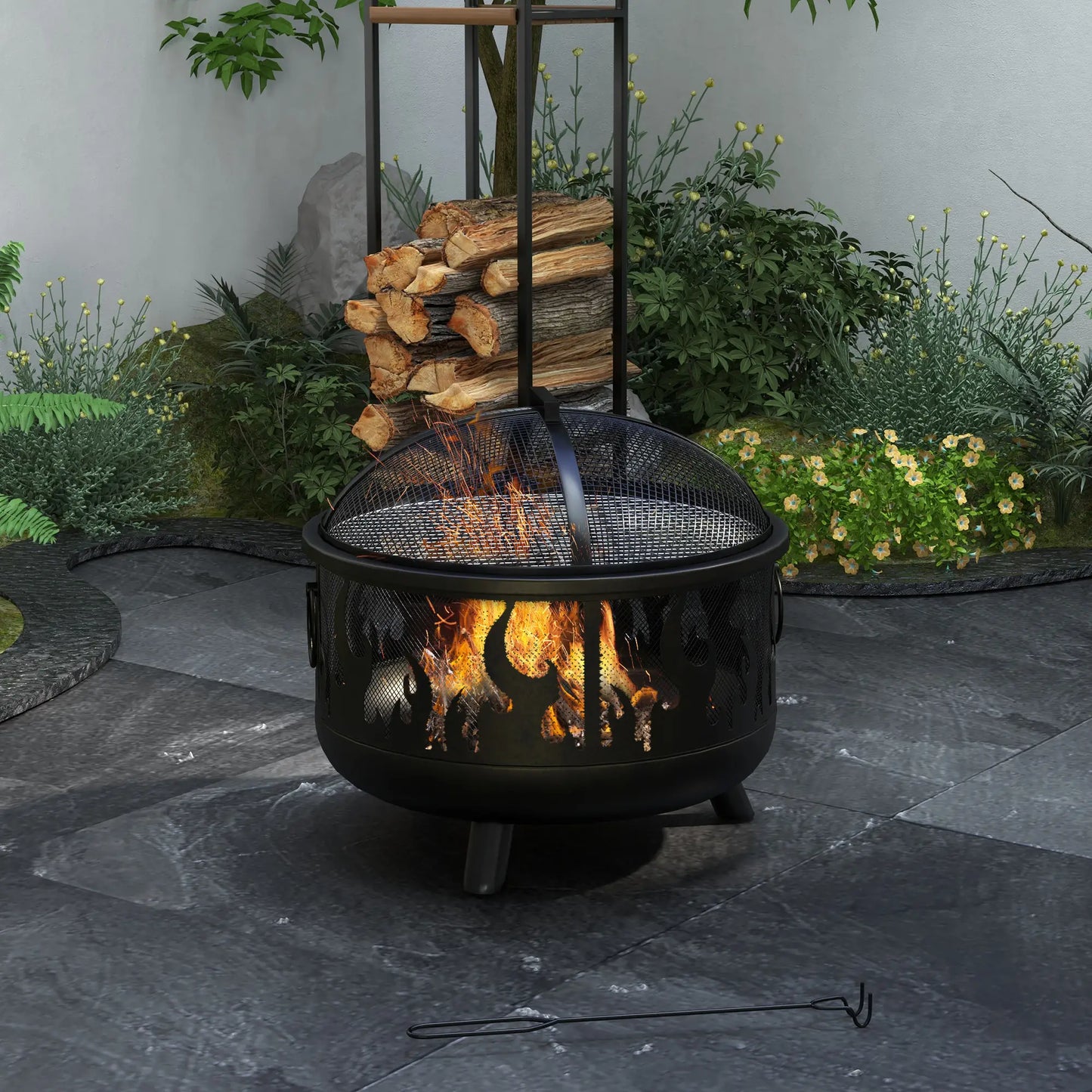 Outdoor Metal Fire Pit, 24" Round Firepit Bowl w/ Lid Grill Poker Handles for Garden, Camping, BBQ, Bonfire, Black