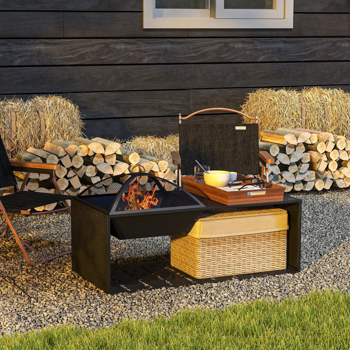 Fire Pit Coffee Table with Storage Shelf, Wood-burning Firepit with Spark Screen and Poker, Black