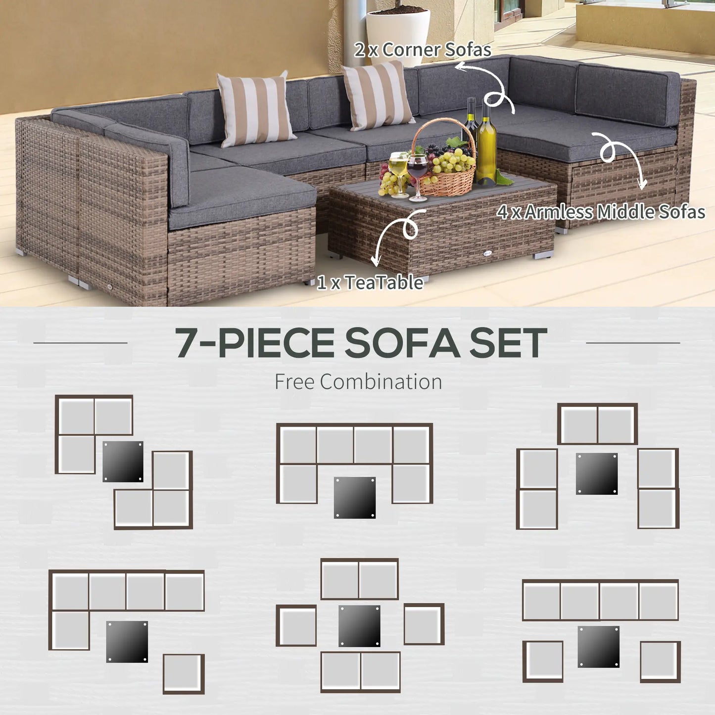 7-Piece Patio Furniture Sets Outdoor Wicker Conversation Sets All Weather PE Rattan Sectional Sofa, Grey