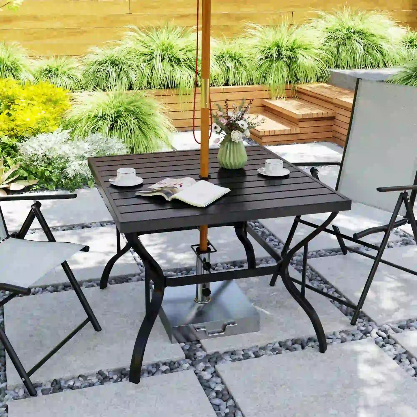 37" Square Outdoor Dining Table, Galvanized Steel Patio Table with 2" Umbrella Hole, Slatted Metal Top, Black
