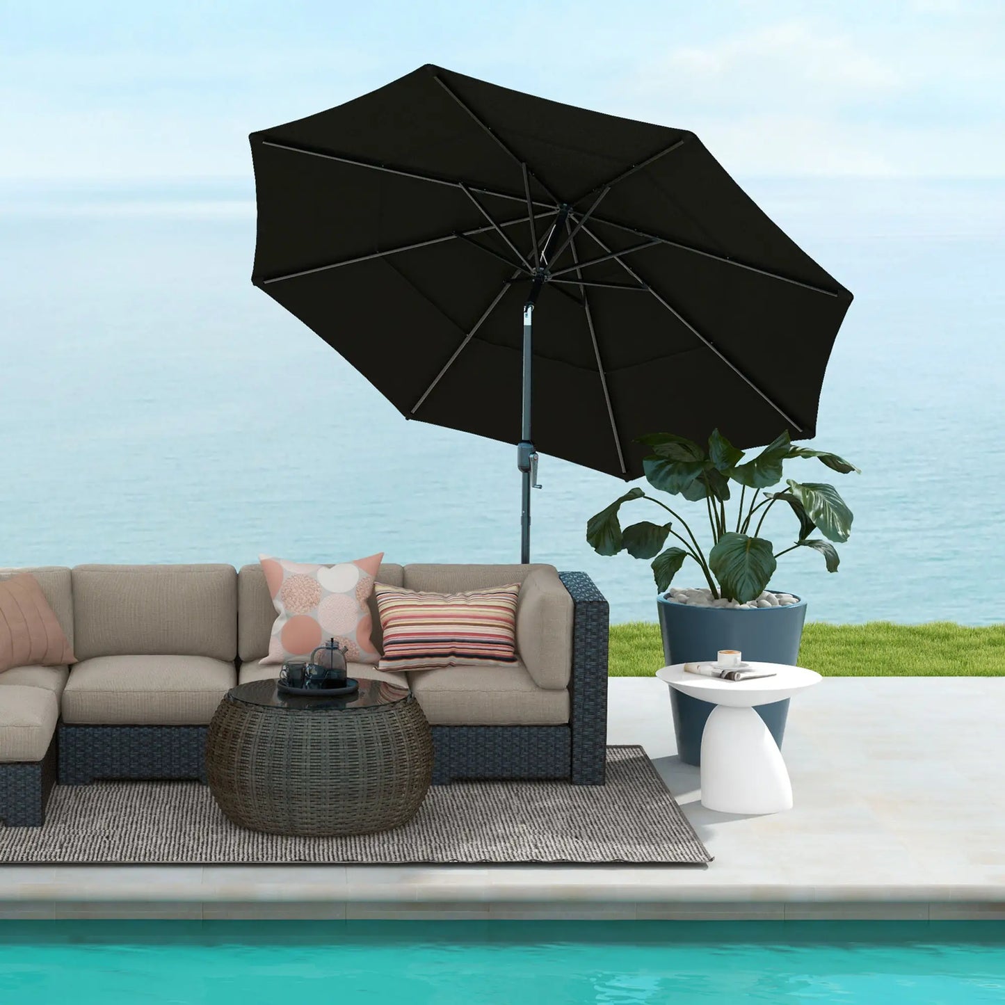 9FT 3 Tiers Patio Umbrella Parasol with Crank, Push Button Tilt for Deck, Backyard and Lawn, Black