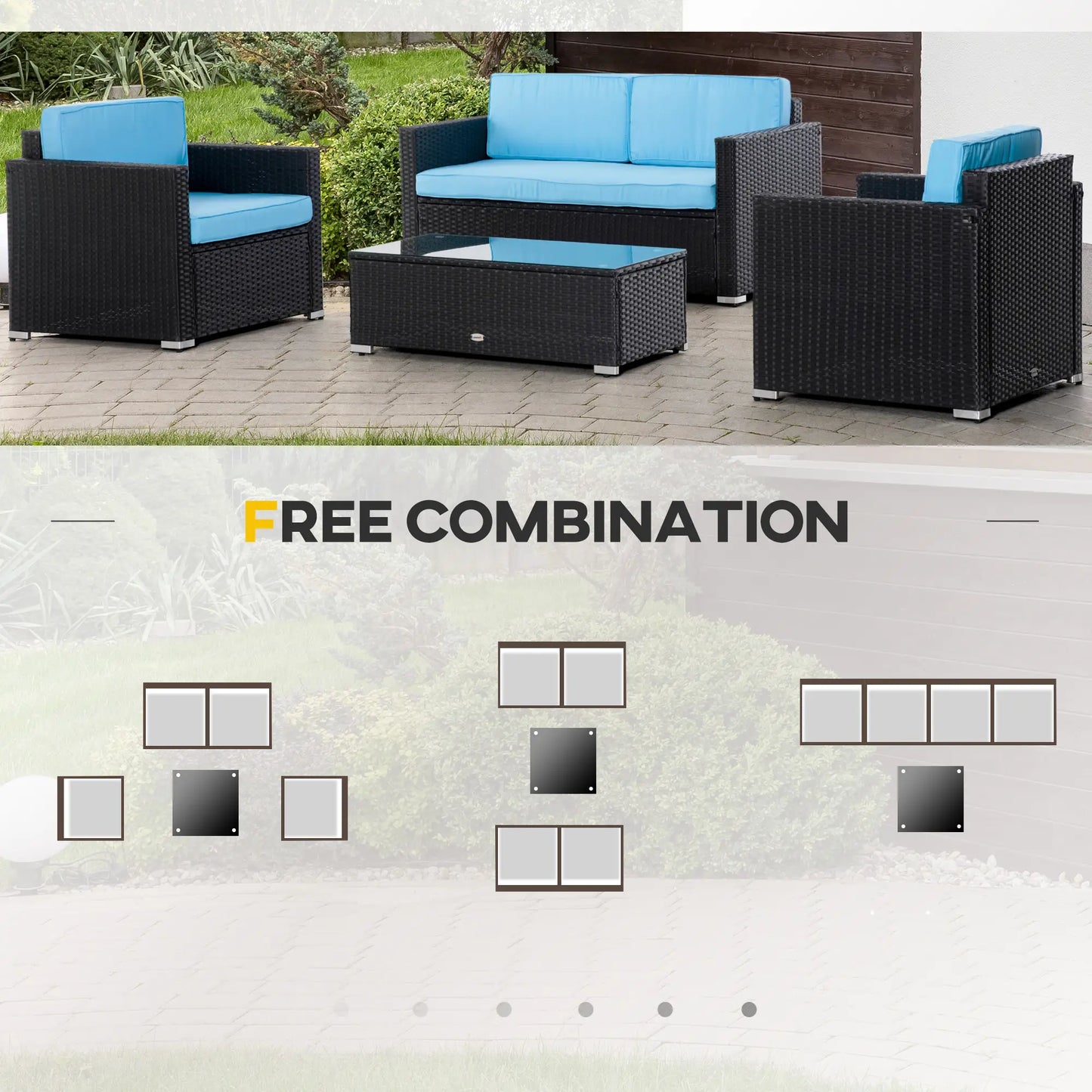 4 Pieces Wicker Patio Furniture Set with Thick Cushions, Outdoor PE Rattan Conversation Sofa Set with Glass Top Table & Extra Wide Seat, Sky Blue