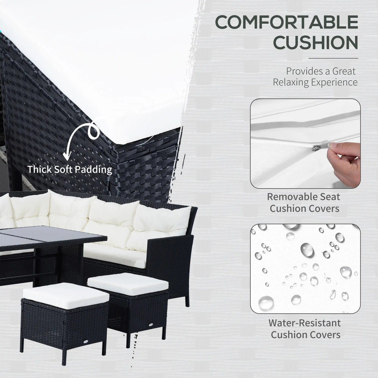 6pcs Outdoor Rattan Sofa Set Garden Wicker Sectional Couch Furniture Set with Dining Table and Chair White