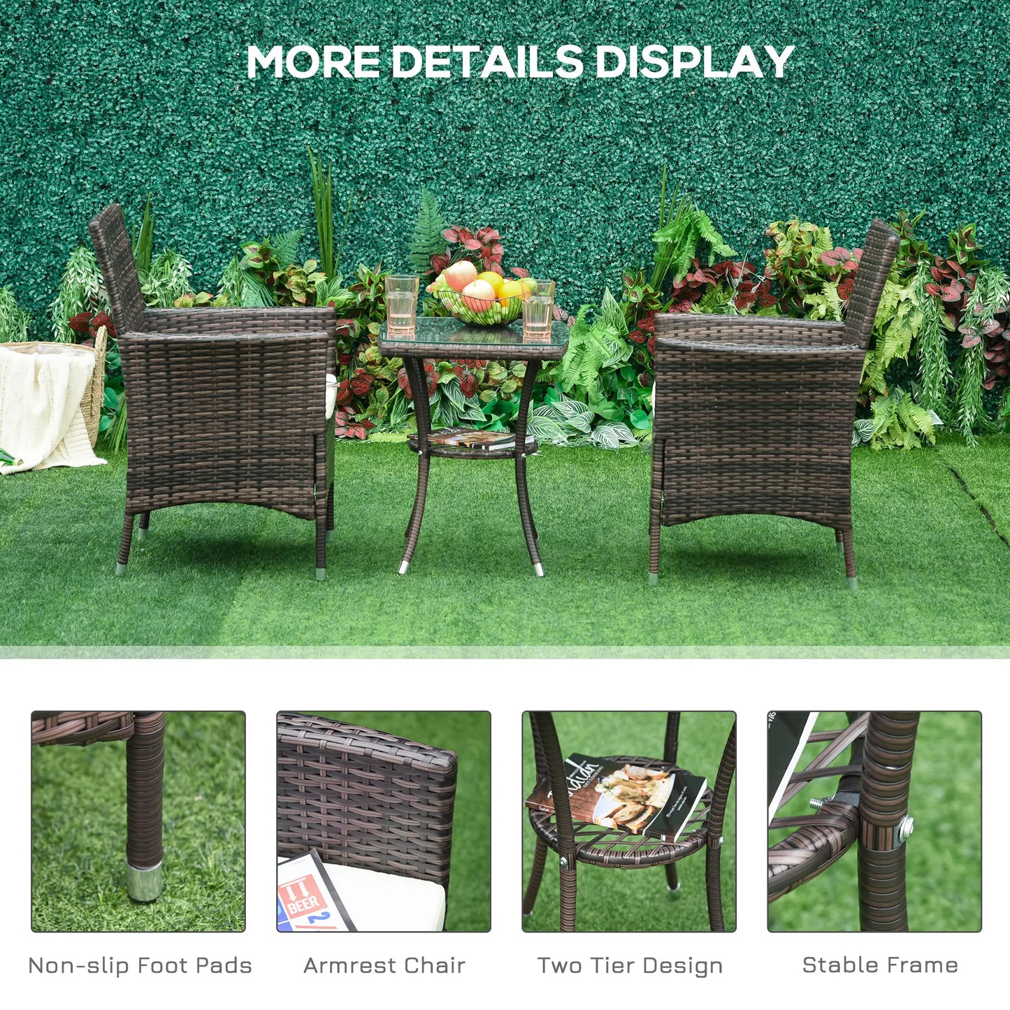 3-Piece Wicker Patio Furniture Set, Rattan Bistro Set with Glass Top Table and Cushions, Outdoor Conversation Set for Garden, Porch, or Balcony.