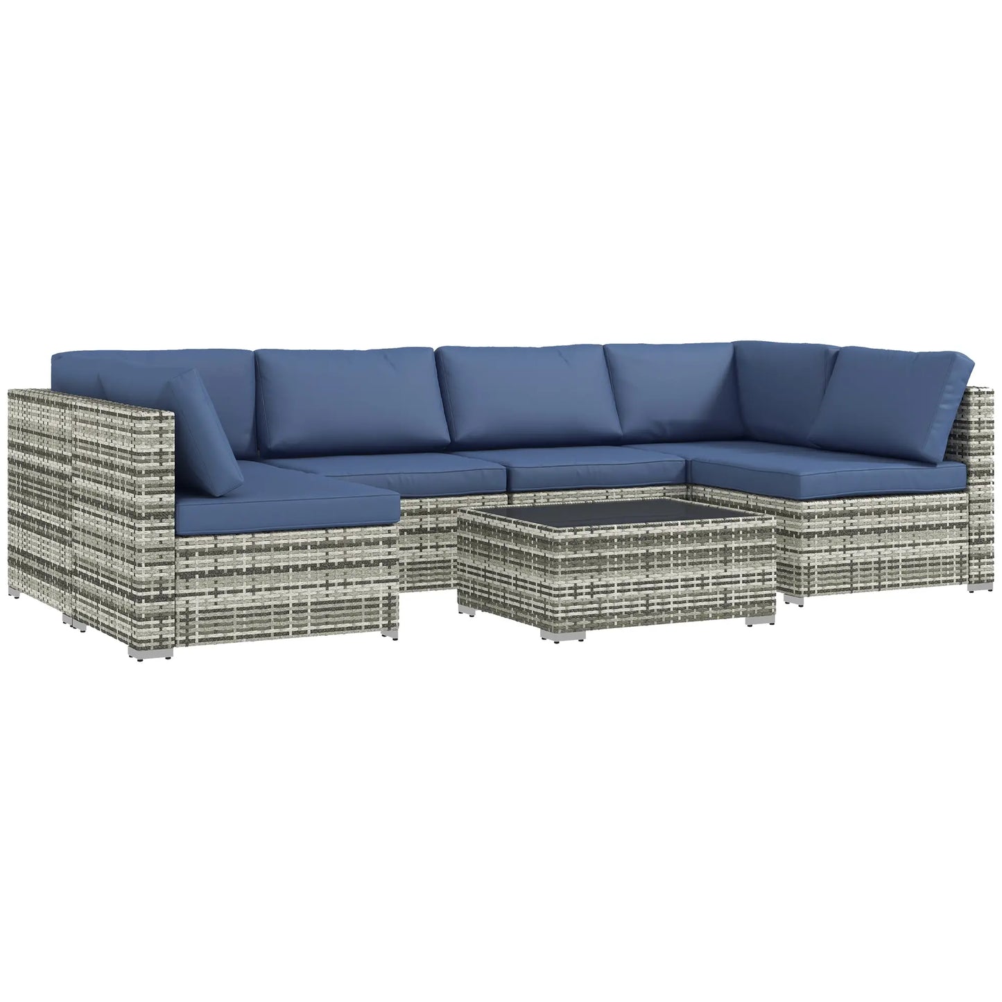 7pc Garden Wicker Sectional Set w/ Tea Table Patio Rattan Lounge Sofa Outdoor Deck Furniture Blue
