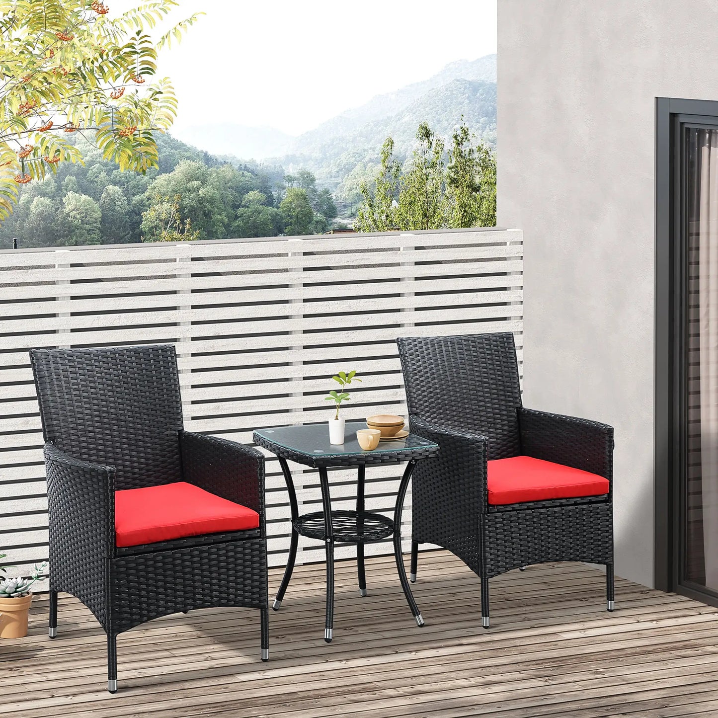 3-Piece Wicker Patio Furniture Set, Rattan Bistro Set with Glass Top Table and Cushions, Outdoor Conversation Set for Garden, Porch, Balcony, Red.