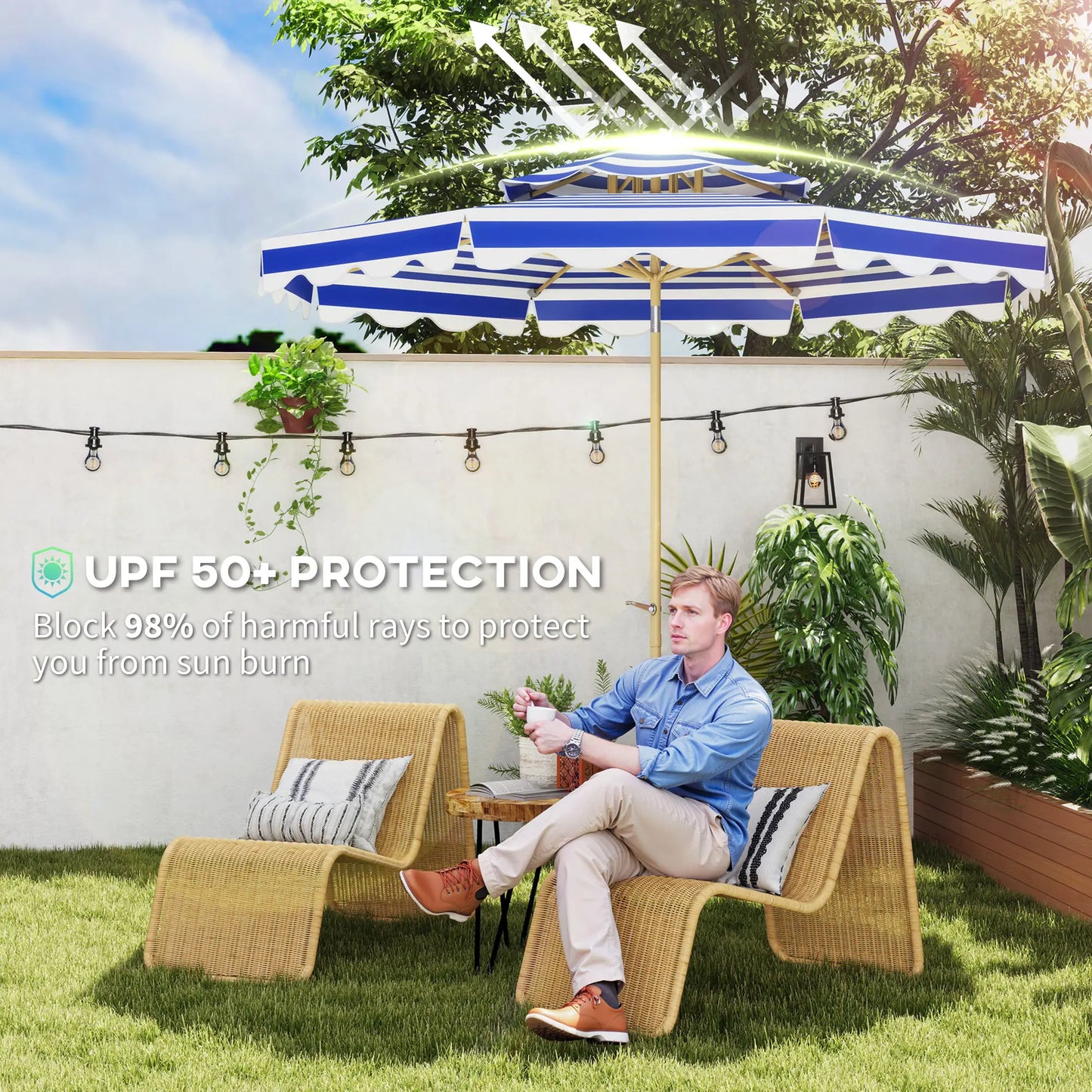9FT Patio Umbrella with 8 Ribs, Crank, Tilt, UPF 50+, 2-Tier Vent for Garden, Deck, Poolside, Blue