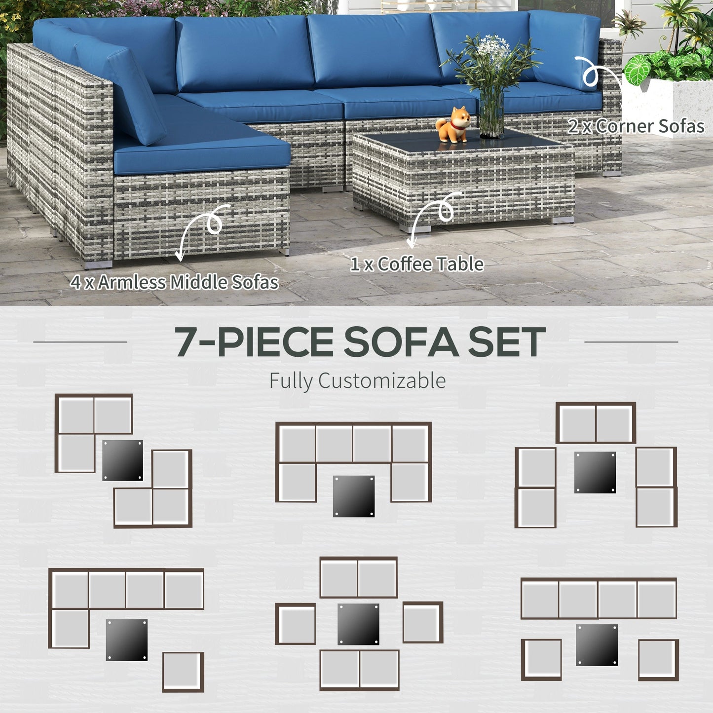 7pc Garden Wicker Sectional Set w/ Tea Table Patio Rattan Lounge Sofa Outdoor Deck Furniture Blue