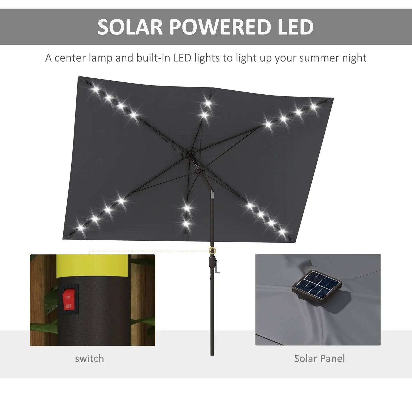 6.5x10ft Patio Umbrella Tilt Aluminum Outdoor Market Parasol with Solar Powered LEDs, Crank - Dark Grey