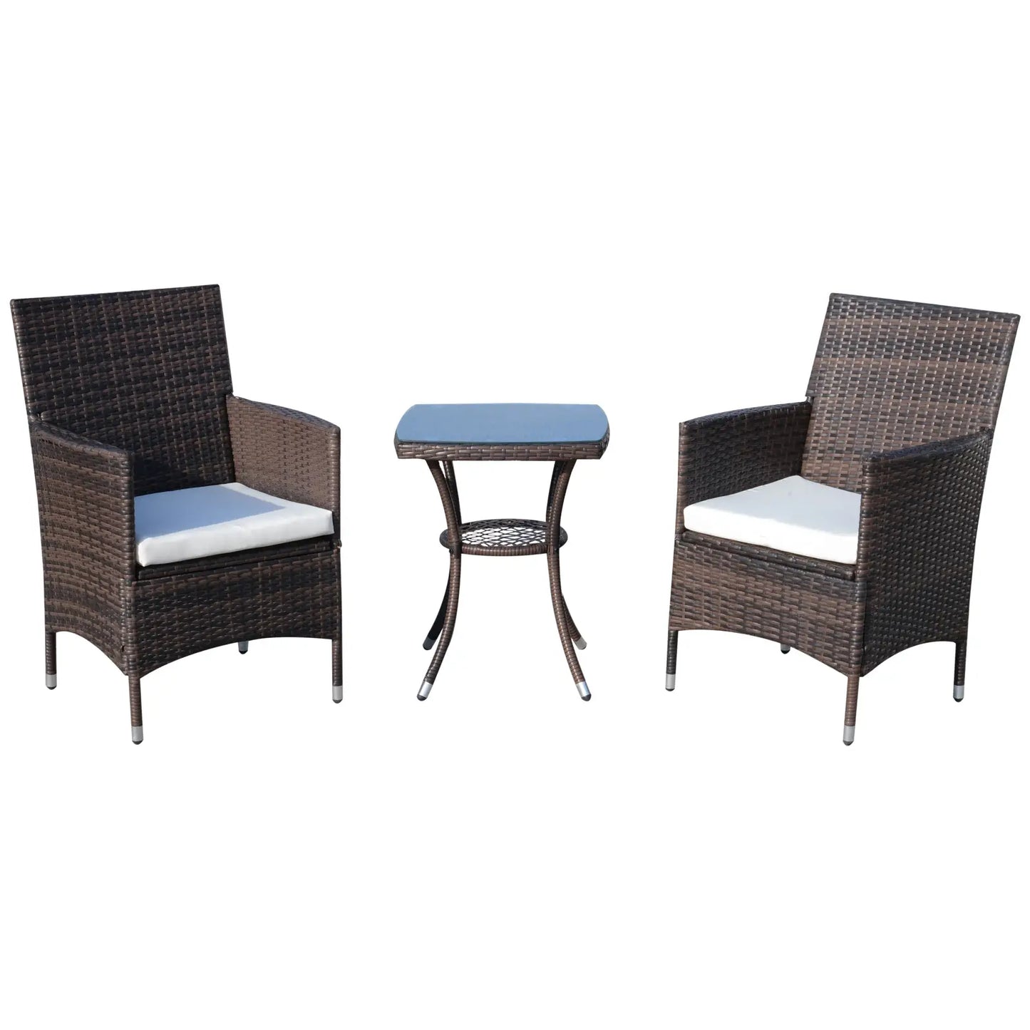 3-Piece Wicker Patio Furniture Set, Rattan Bistro Set with Glass Top Table and Cushions, Outdoor Conversation Set for Garden, Porch, or Balcony.