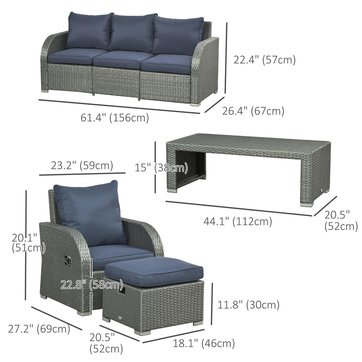 Patio Furniture with Cushions, 6 Pieces PE Wicker Patio Sectional Furniture Conversation Set w/ a Three-Seat Sofa, 2 Recliner Chairs, 2 Footstools & Table, Dark Blue